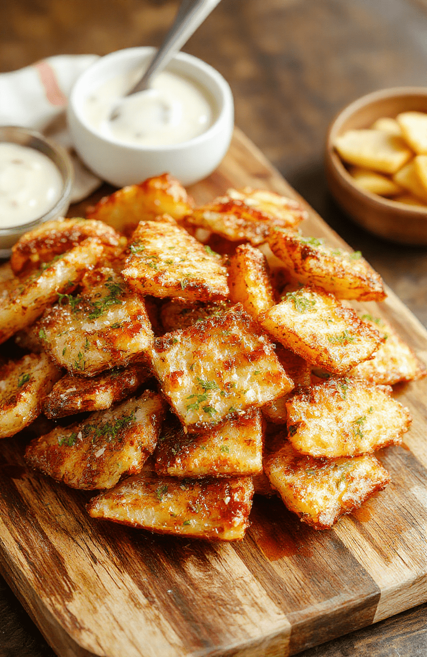 Golden-brown potato wedges tossed with garlic and parmesan, arranged on parchment on a baking sheet with parsley, a small bowl of dipping sauce, warm kitchen lighting, rustic wooden board.