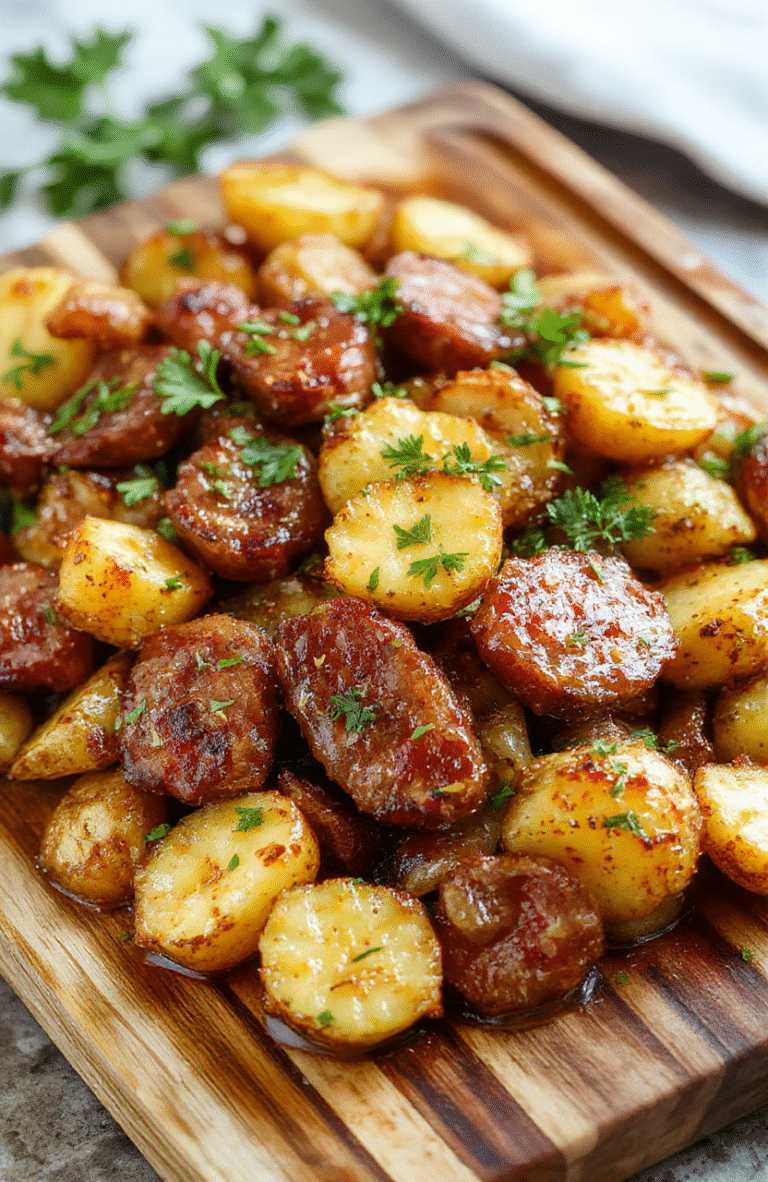 Golden-brown kielbasa slices and crisp potato wedges roasted on a sheet pan with caramelized onions and red peppers, olive oil sheen, and a light dusting of parsley; warm, rustic plating on a wooden surface; inviting and mouth-watering textures.