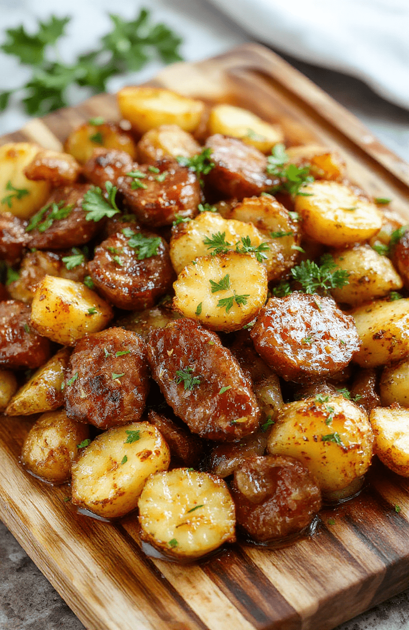 Golden-brown kielbasa slices and crisp potato wedges roasted on a sheet pan with caramelized onions and red peppers, olive oil sheen, and a light dusting of parsley; warm, rustic plating on a wooden surface; inviting and mouth-watering textures.