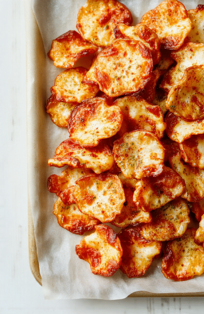 Golden-brown Crispy Pizza Chips arranged on parchment on a baking sheet, with bubbly melted mozzarella, specks of Italian seasoning, and crisp edges; photographed on a rustic wooden surface.