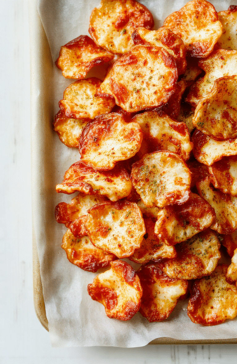 Golden-brown Crispy Pizza Chips arranged on parchment on a baking sheet, with bubbly melted mozzarella, specks of Italian seasoning, and crisp edges; photographed on a rustic wooden surface.
