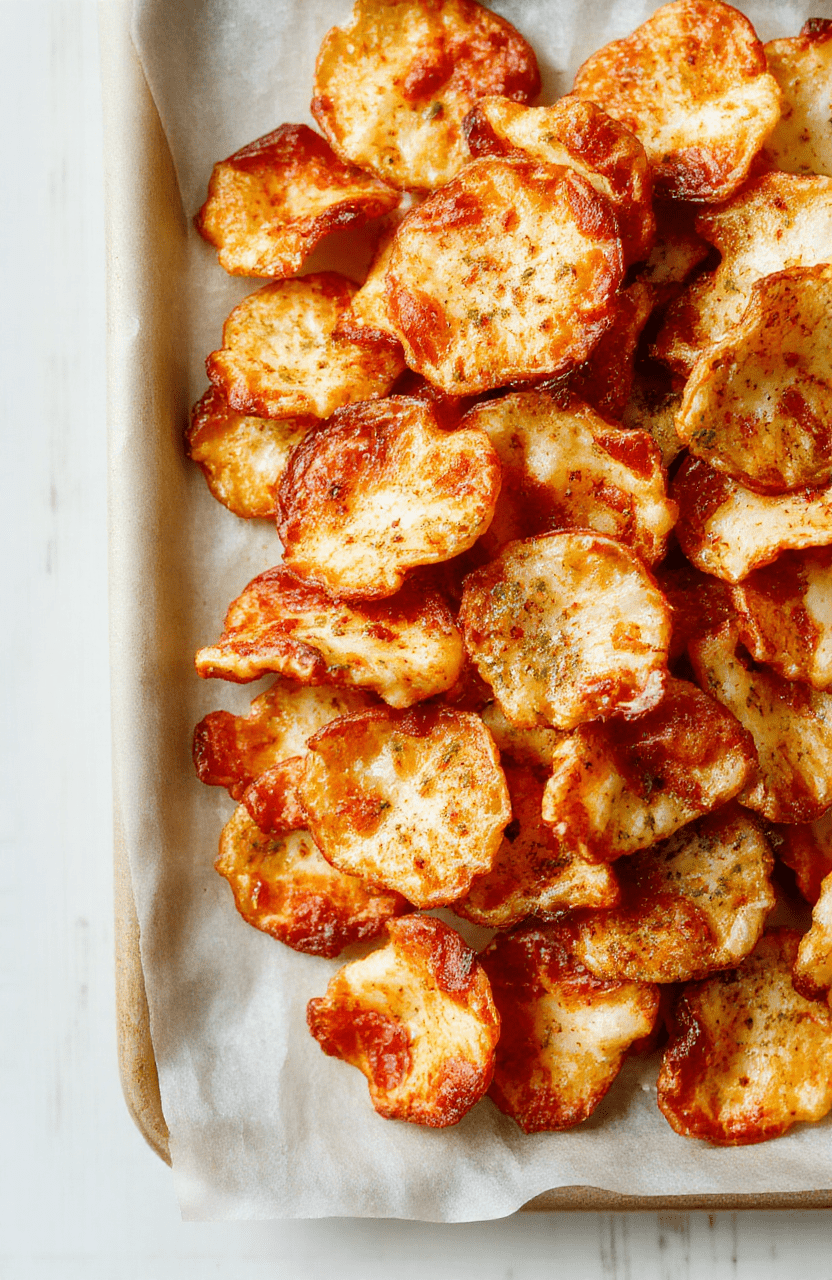 Golden-brown Crispy Pizza Chips arranged on parchment on a baking sheet, with bubbly melted mozzarella, specks of Italian seasoning, and crisp edges; photographed on a rustic wooden surface.