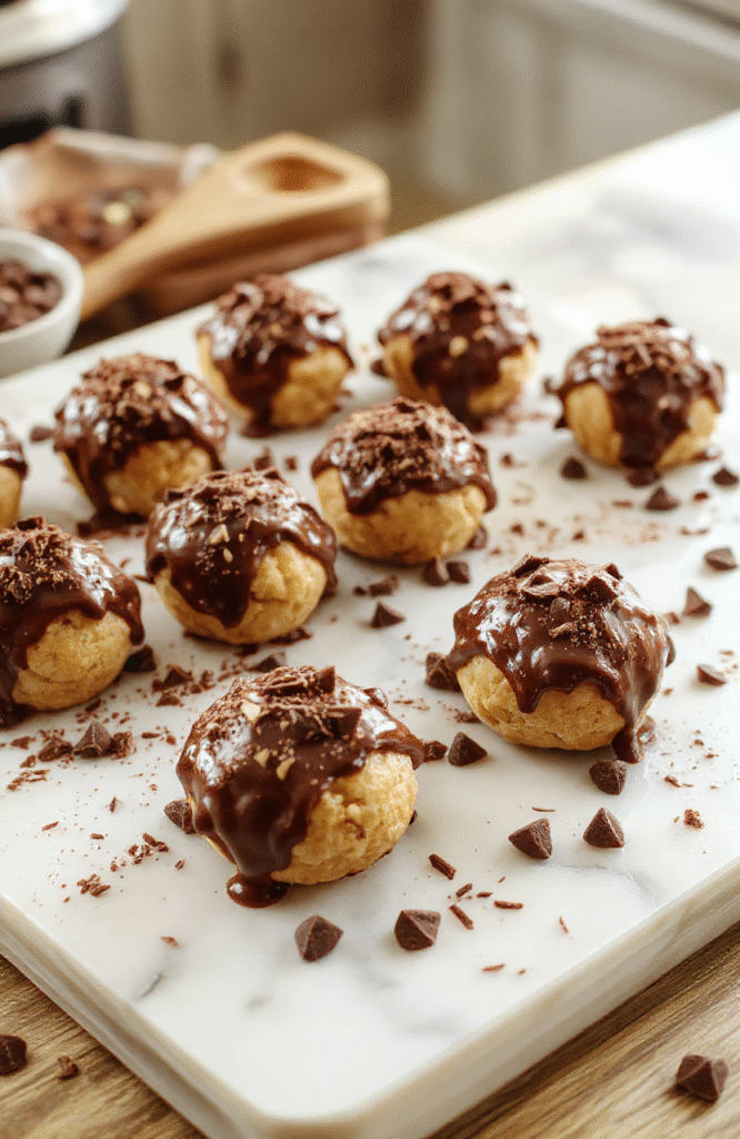 Glossy chocolate-dipped cookie dough truffles arranged on a clean marble board, showing creamy centers and a smooth, dark coating. A light dusting of cocoa and a few chocolate chips add texture in a warm, cozy kitchen setting.