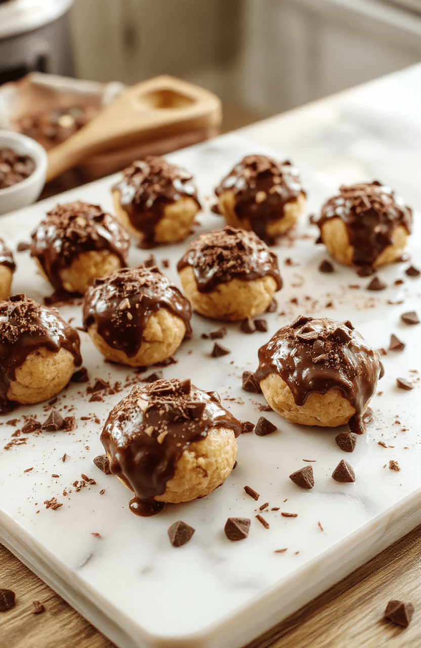 Glossy chocolate-dipped cookie dough truffles arranged on a clean marble board, showing creamy centers and a smooth, dark coating. A light dusting of cocoa and a few chocolate chips add texture in a warm, cozy kitchen setting.