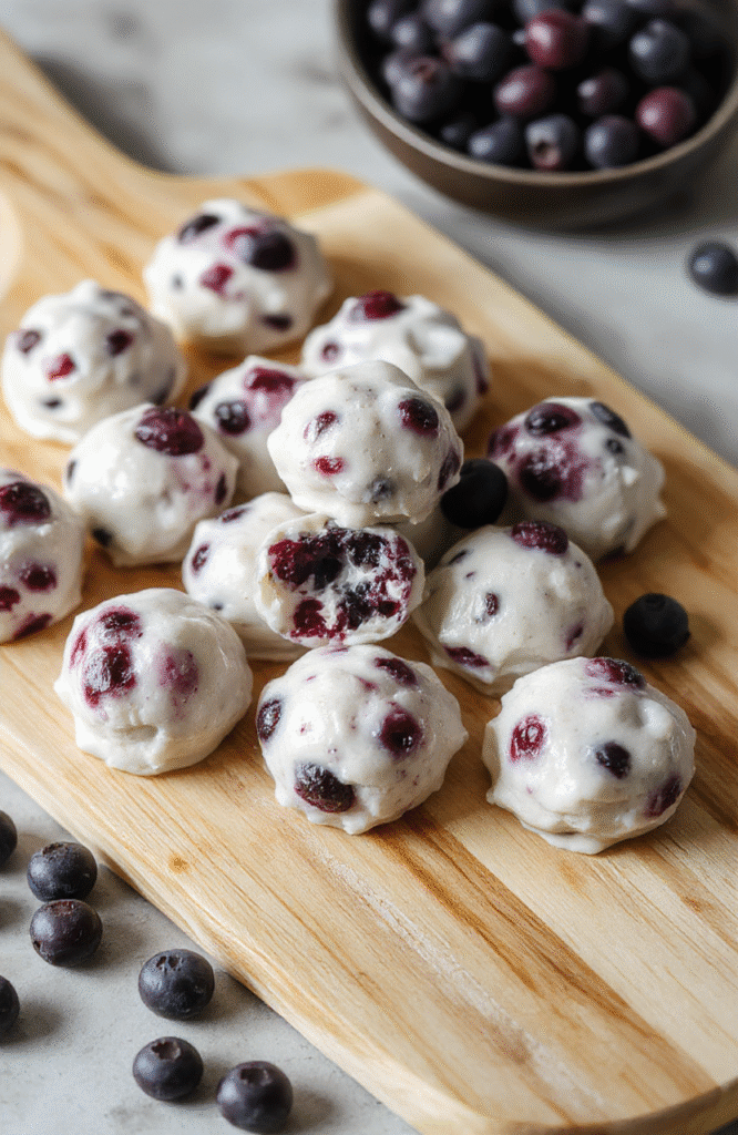 A tray of frozen blueberry yogurt bites arranged neatly on a light wooden board, creamy white yogurt with purple-blue berries peeking through, a few fresh blueberries scattered nearby, soft natural daylight and minimal styling.