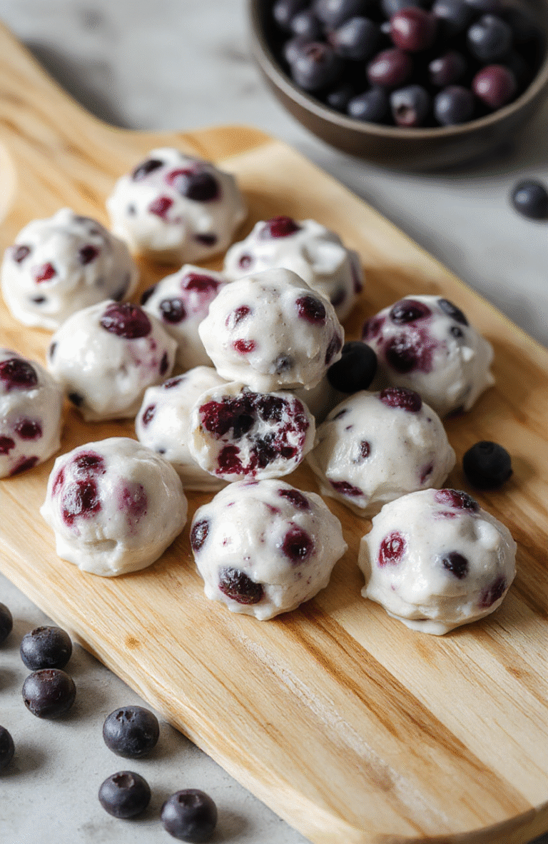 A tray of frozen blueberry yogurt bites arranged neatly on a light wooden board, creamy white yogurt with purple-blue berries peeking through, a few fresh blueberries scattered nearby, soft natural daylight and minimal styling.