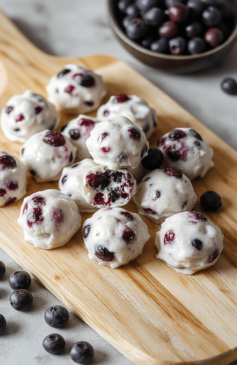 A tray of frozen blueberry yogurt bites arranged neatly on a light wooden board, creamy white yogurt with purple-blue berries peeking through, a few fresh blueberries scattered nearby, soft natural daylight and minimal styling.