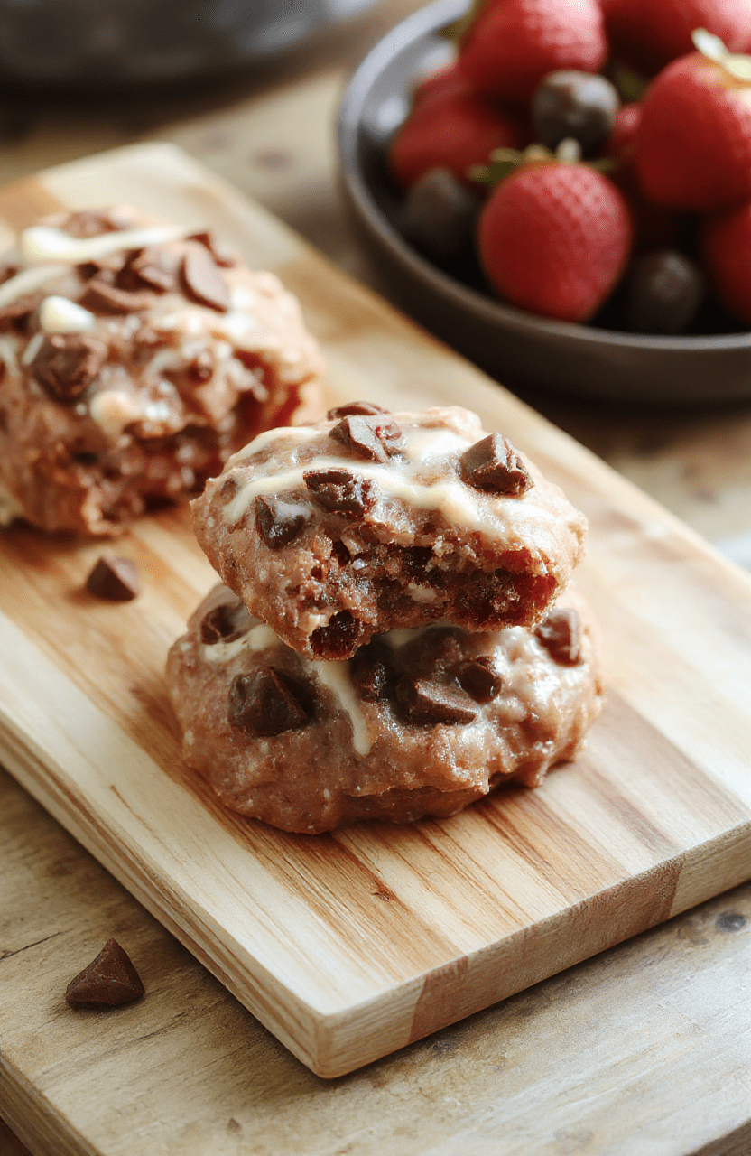 A close-up of a white plate piled with bite-size no-bake oat cookies glazed with a light chocolate drizzle, studded with mini chocolate chips, and speckled with crushed nuts. The plate sits on a warm wooden table with fresh berries and mint leaves for color, capturing a cozy, healthy indulgence.