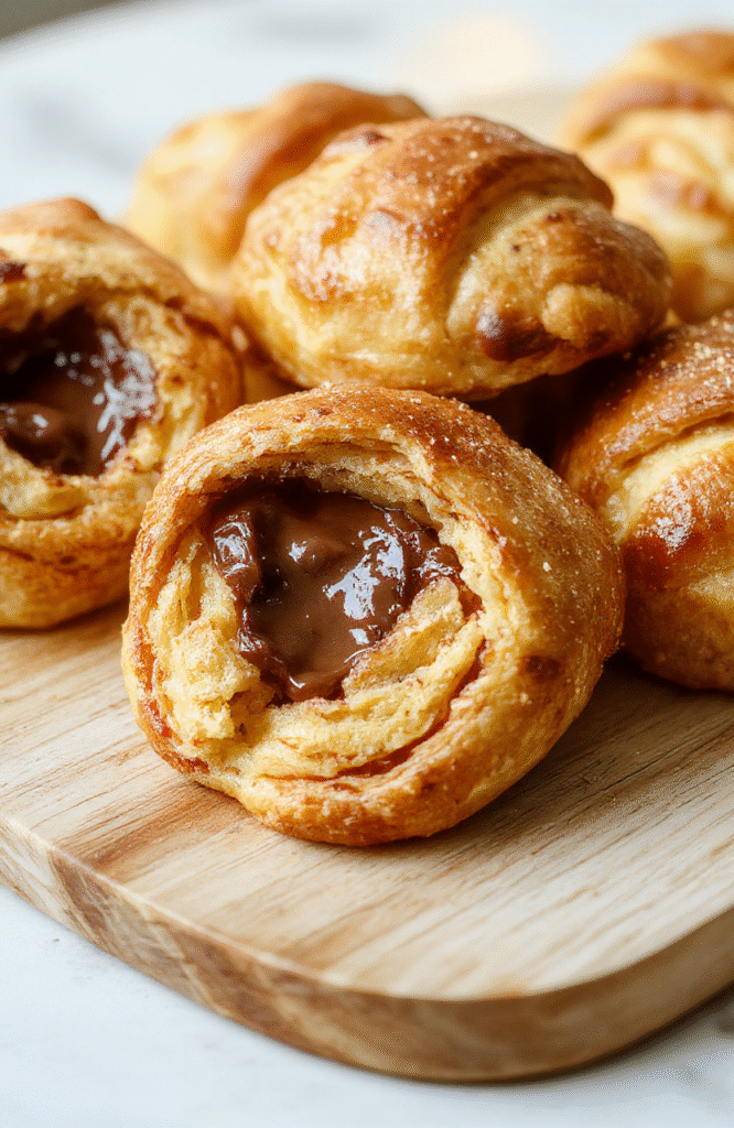 Golden flaky croissants with chocolate peeking from the buttery layers, plated on a white dish with a light dusting of powdered sugar, showing delicate laminated textures and melted chocolate at the center against a soft, neutral background.