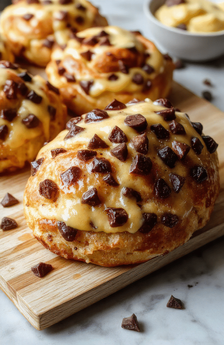 Golden-brown brioche slices reveal a creamy vanilla custard center and melted chocolate chips, arranged on a warm wooden board with a light dusting of powdered sugar for a cozy dessert presentation, styled simply and invitingly.