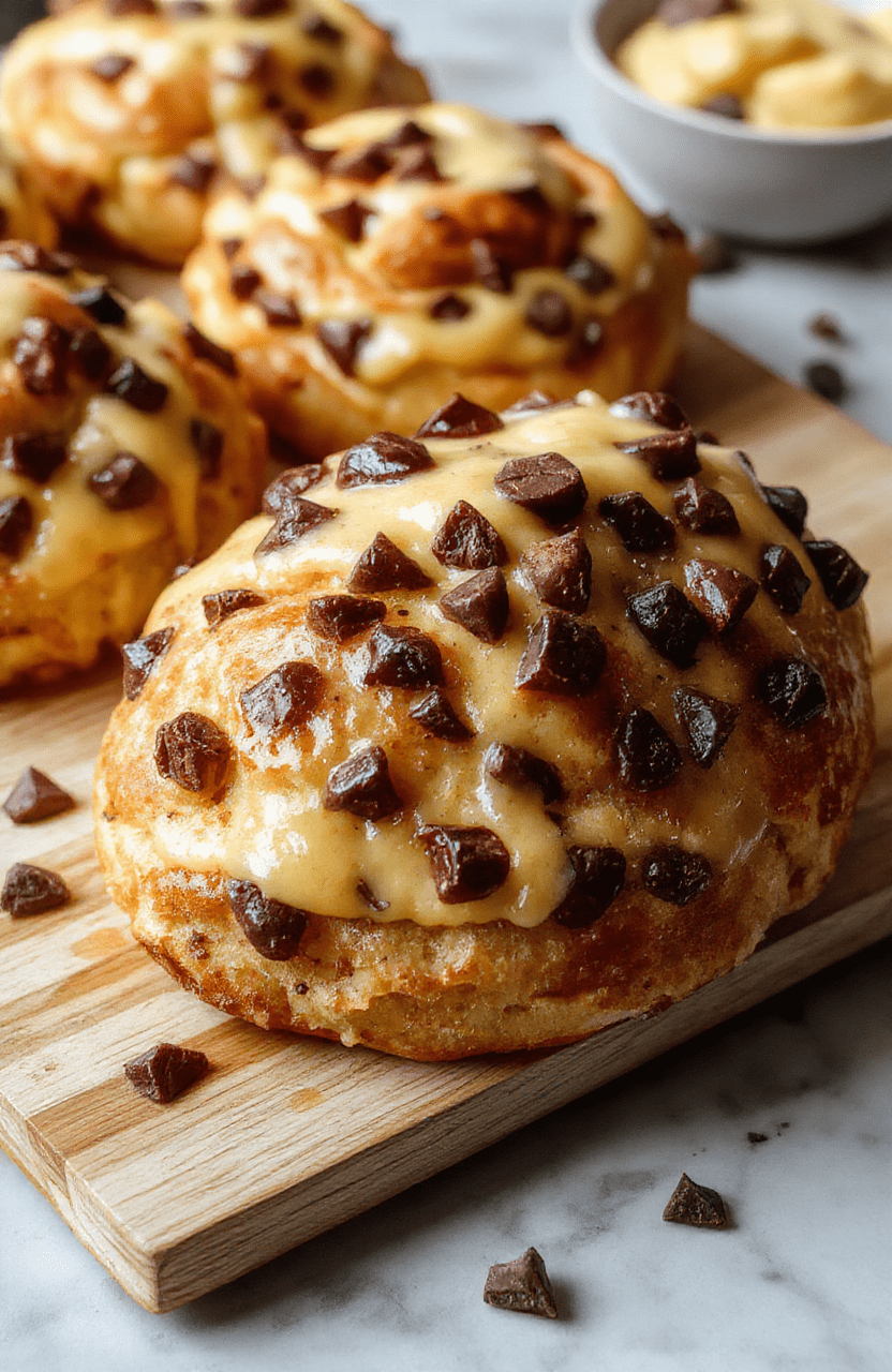 Golden-brown brioche slices reveal a creamy vanilla custard center and melted chocolate chips, arranged on a warm wooden board with a light dusting of powdered sugar for a cozy dessert presentation, styled simply and invitingly.