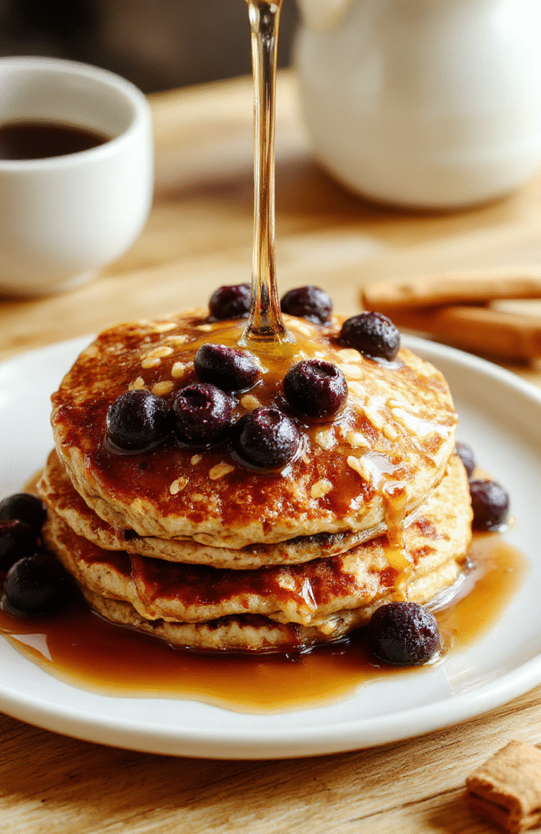 A stack of fluffy oatmeal pancakes topped with fresh berries and a light drizzle of maple syrup sits on a white plate. The pancakes are pale golden with a soft, airy interior. They are plated with a dusting of cinnamon, a small pat of butter on the side, and a sprig of mint for color contrast, on a rustic wooden board with natural daylight.