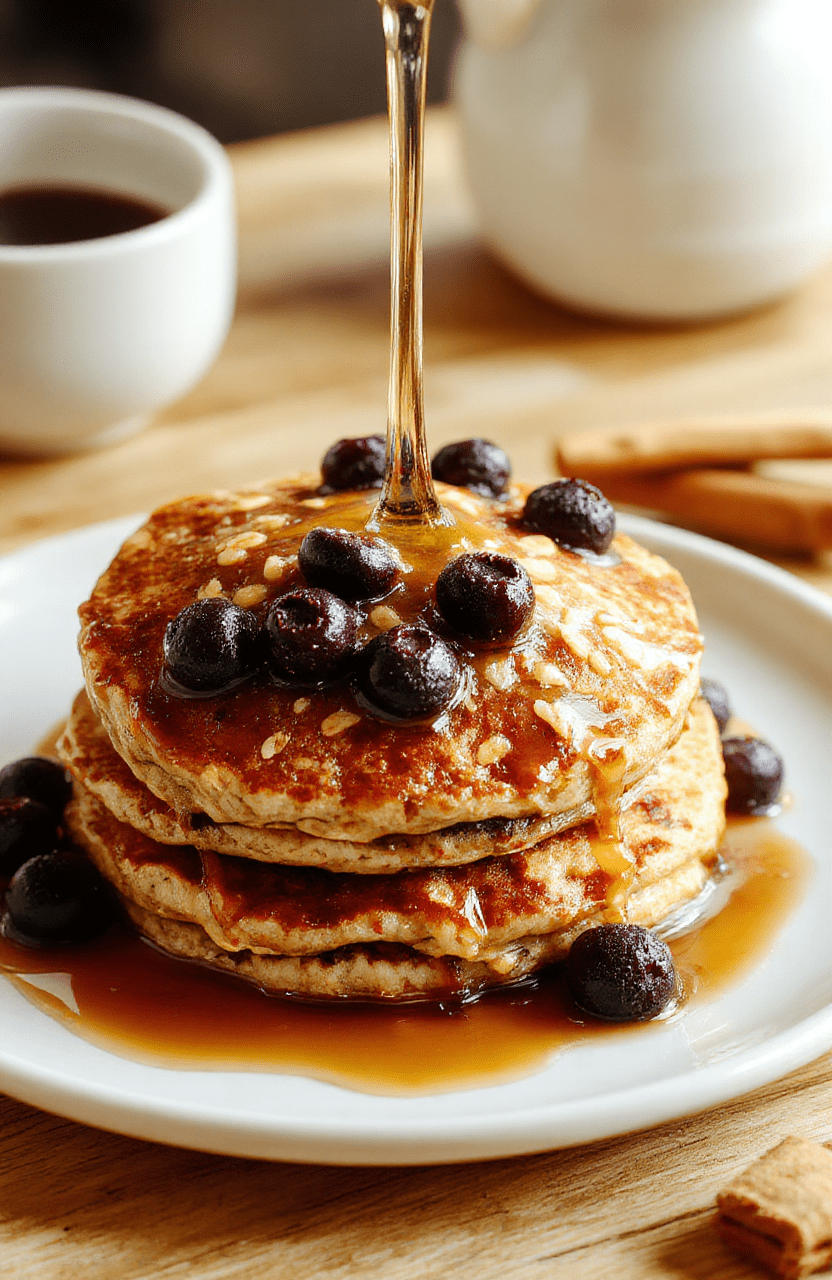 A stack of fluffy oatmeal pancakes topped with fresh berries and a light drizzle of maple syrup sits on a white plate. The pancakes are pale golden with a soft, airy interior. They are plated with a dusting of cinnamon, a small pat of butter on the side, and a sprig of mint for color contrast, on a rustic wooden board with natural daylight.