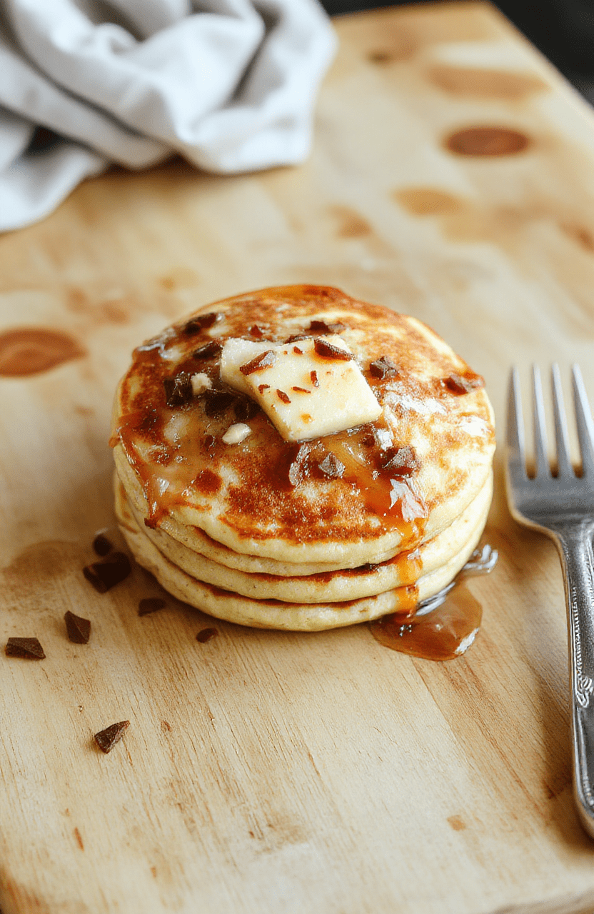 Golden brown fluffy pancakes stacked on a white plate with a pat of melting butter and a drizzle of maple syrup. Fresh berries sprinkle the side, and a light dusting of powdered sugar adds a touch of sweetness. The scene sits on a warm wooden table with natural morning light highlighting the airy crumb and tender edges.