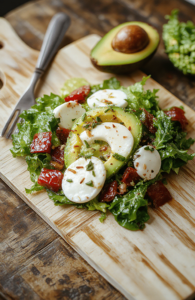 A vibrant Healthy Avocado Caprese Salad plated on a white dish: creamy avocado slices, halved cherry tomatoes, and glossy mozzarella pearls topped with torn basil, a drizzle of olive oil, cracked pepper, and a light balsamic glaze, styled simply on a light wooden surface.