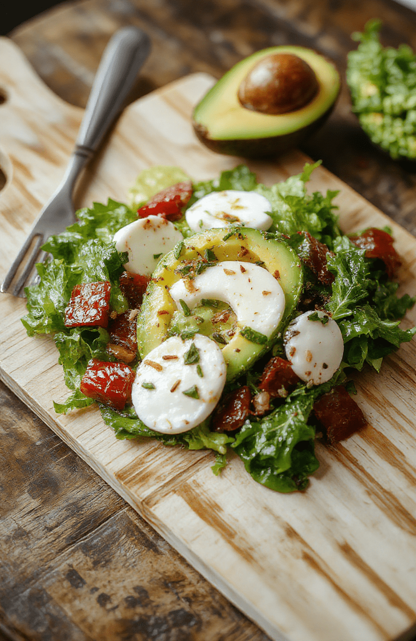 A vibrant Healthy Avocado Caprese Salad plated on a white dish: creamy avocado slices, halved cherry tomatoes, and glossy mozzarella pearls topped with torn basil, a drizzle of olive oil, cracked pepper, and a light balsamic glaze, styled simply on a light wooden surface.