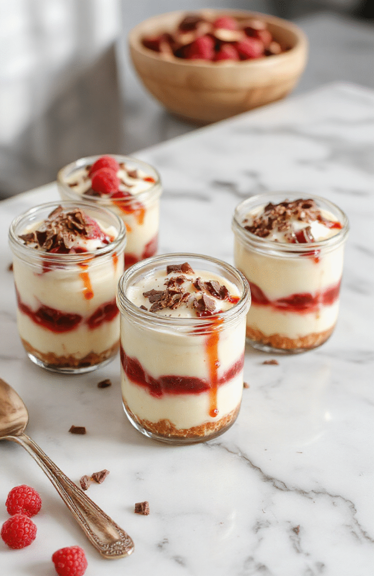 Layered no-bake cheesecake jars with a crumb crust, creamy vanilla filling, and a topping of fresh berries; clear glass reveals distinct crust and filling layers, resting on a light wooden board with mint and berries for a wholesome, inviting dessert look.