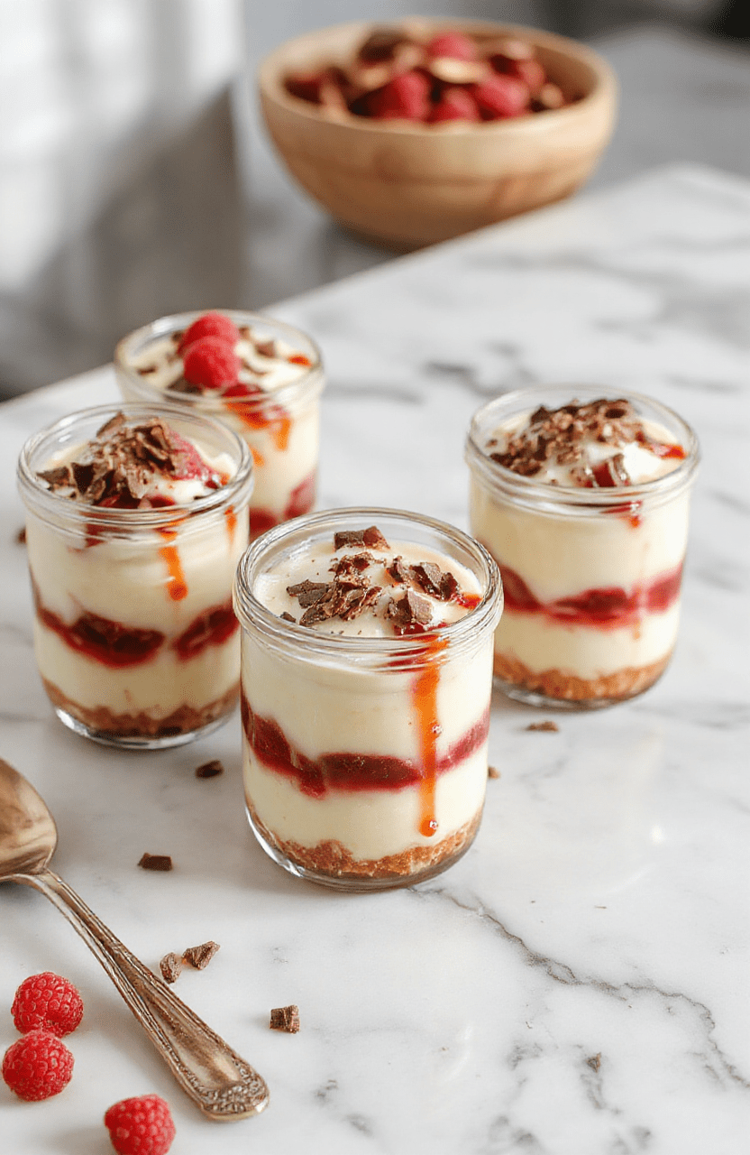 Layered no-bake cheesecake jars with a crumb crust, creamy vanilla filling, and a topping of fresh berries; clear glass reveals distinct crust and filling layers, resting on a light wooden board with mint and berries for a wholesome, inviting dessert look.
