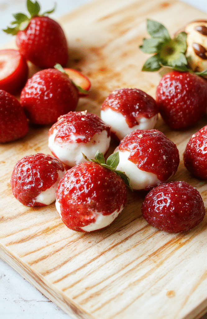 A platter of round Healthy Strawberry Yogurt Bites sits on a white plate, each bite showing a creamy yogurt core with a glossy strawberry layer, garnished with crushed nuts and a mint leaf on a light marble surface.