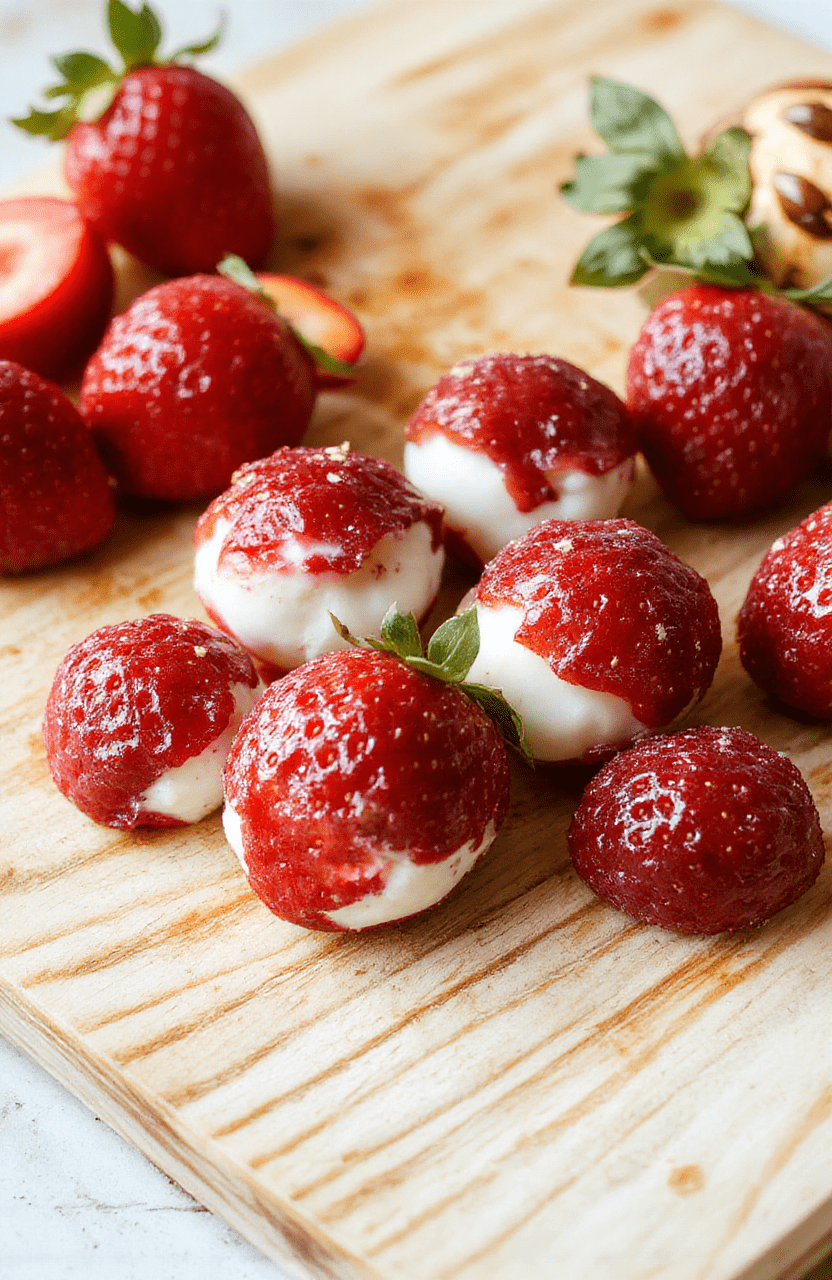 A platter of round Healthy Strawberry Yogurt Bites sits on a white plate, each bite showing a creamy yogurt core with a glossy strawberry layer, garnished with crushed nuts and a mint leaf on a light marble surface.