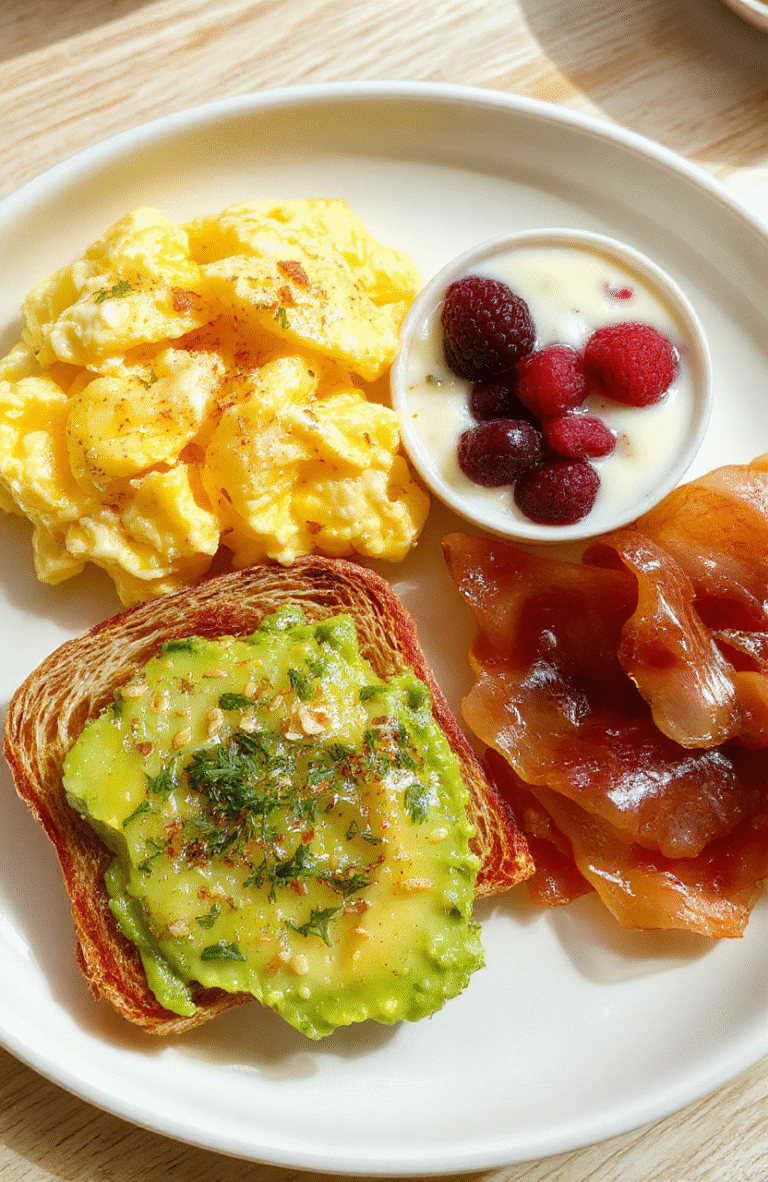 A vibrant breakfast plate featuring fluffy scrambled eggs folded with cottage cheese, a small bowl of Greek yogurt with berries, oats prepared with milk, a slice of avocado on toasted whole grain bread, and a side of turkey bacon, sprinkled with green herbs on a light wood table.