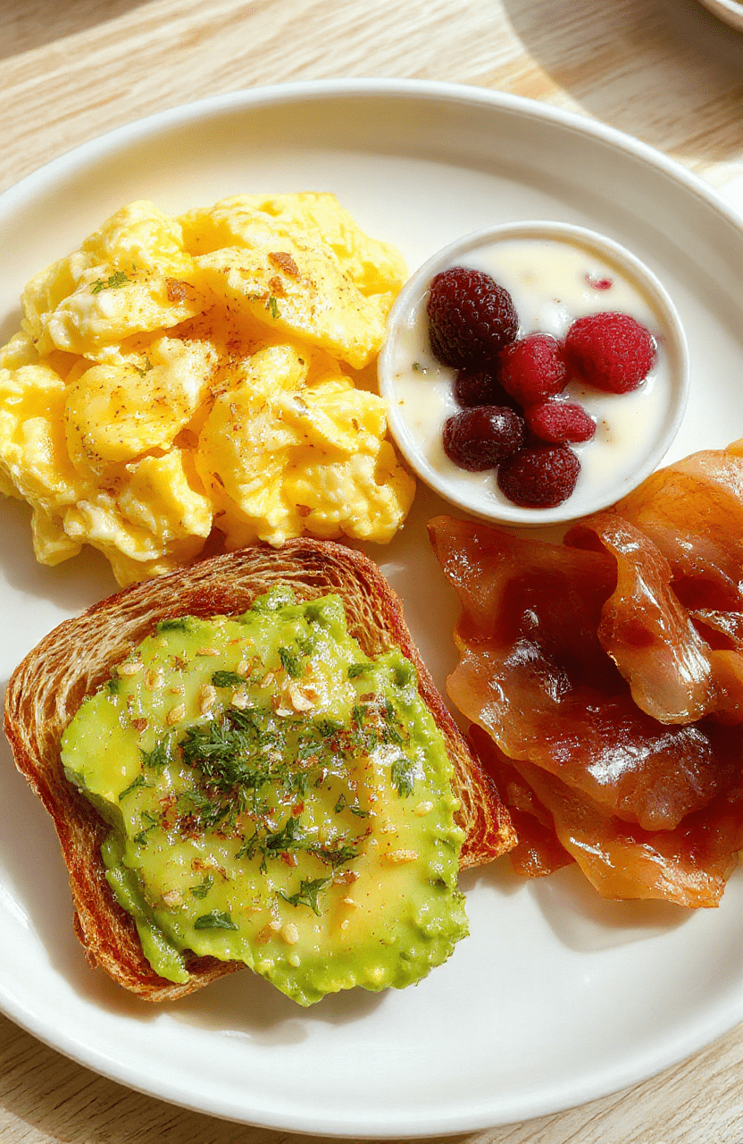 A vibrant breakfast plate featuring fluffy scrambled eggs folded with cottage cheese, a small bowl of Greek yogurt with berries, oats prepared with milk, a slice of avocado on toasted whole grain bread, and a side of turkey bacon, sprinkled with green herbs on a light wood table.