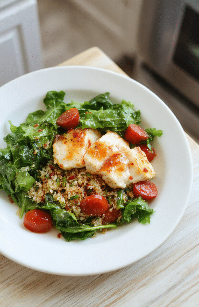 A vibrant plate of Lean High Protein Meal with sliced chicken breast, fluffy quinoa, and colorful vegetables including cherry tomatoes and spinach. The dish is plated on a clean white plate with a drizzle of olive oil and a sprinkle of fresh herbs, set on a light wood table. The lighting highlights the juicy chicken, tender grains, and bright greens, creating a wholesome, appetizing presentation.