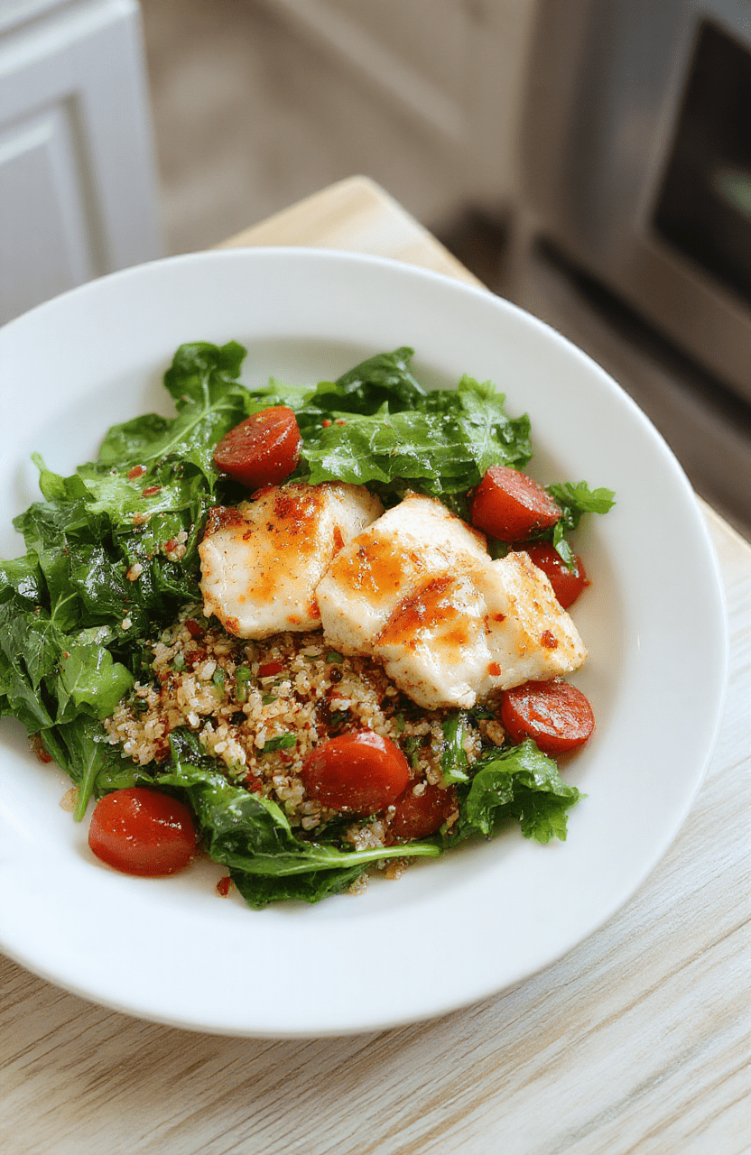 A vibrant plate of Lean High Protein Meal with sliced chicken breast, fluffy quinoa, and colorful vegetables including cherry tomatoes and spinach. The dish is plated on a clean white plate with a drizzle of olive oil and a sprinkle of fresh herbs, set on a light wood table. The lighting highlights the juicy chicken, tender grains, and bright greens, creating a wholesome, appetizing presentation.