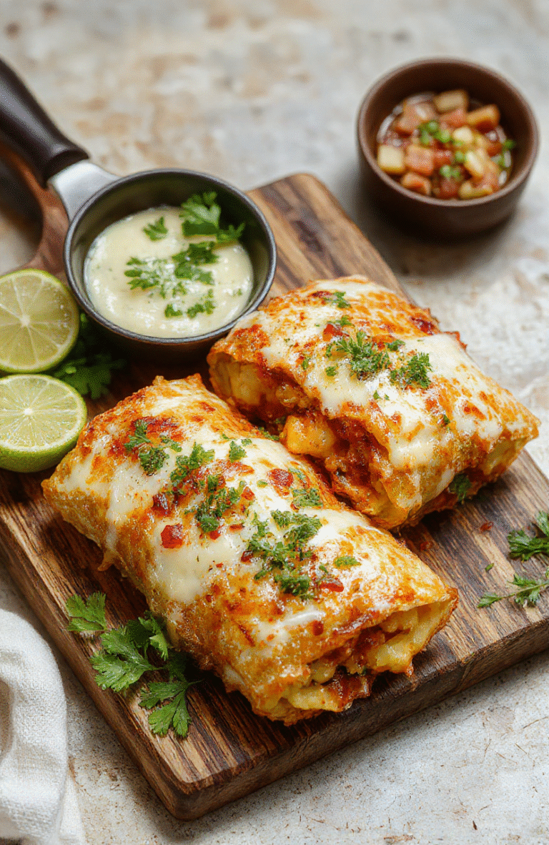 A plate of Loaded Cheesy Potato Burritos sits on a warm wooden board, half unwrapped to reveal creamy mashed potato filling with black beans, corn, and melted cheddar. Fresh cilantro, a dollop of sour cream, and slices of avocado add color against the glossy tortillas and smoky paprika dusting. The scene is cozy and inviting, perfect for a family weeknight dinner.