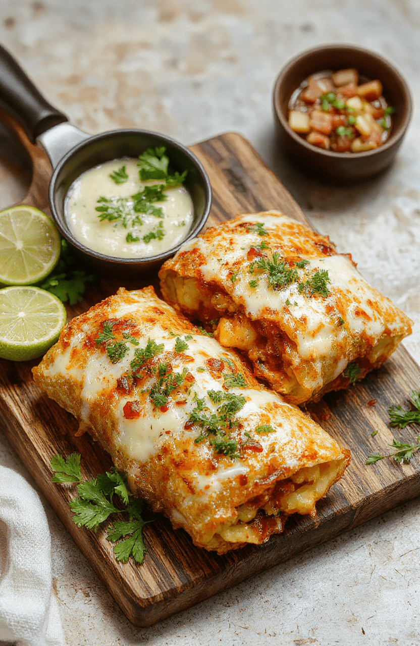 A plate of Loaded Cheesy Potato Burritos sits on a warm wooden board, half unwrapped to reveal creamy mashed potato filling with black beans, corn, and melted cheddar. Fresh cilantro, a dollop of sour cream, and slices of avocado add color against the glossy tortillas and smoky paprika dusting. The scene is cozy and inviting, perfect for a family weeknight dinner.