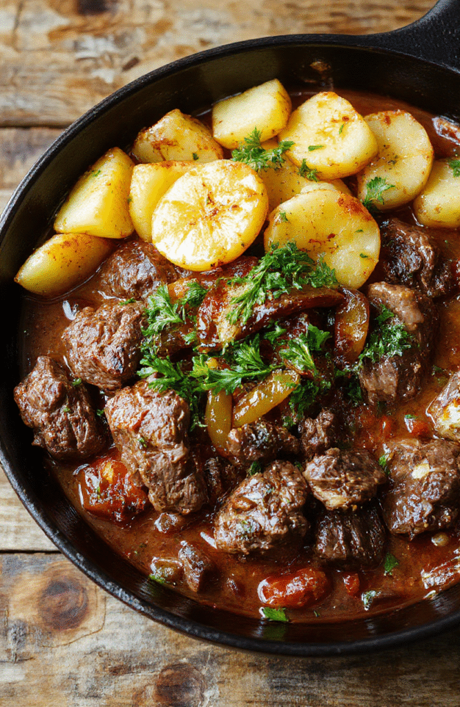 A sizzling skillet shows browned beef chunks, crispy potatoes, red peppers and onions, finished with fresh parsley on a rustic cast-iron pan; warm golden-brown colors, hearty textures, and steam rising as the dish rests on a wooden table.