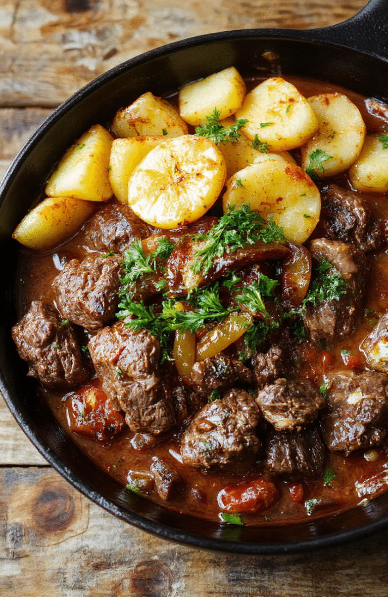 A sizzling skillet shows browned beef chunks, crispy potatoes, red peppers and onions, finished with fresh parsley on a rustic cast-iron pan; warm golden-brown colors, hearty textures, and steam rising as the dish rests on a wooden table.