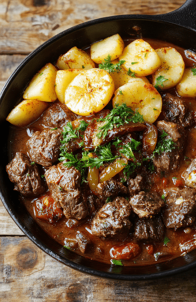 A sizzling skillet shows browned beef chunks, crispy potatoes, red peppers and onions, finished with fresh parsley on a rustic cast-iron pan; warm golden-brown colors, hearty textures, and steam rising as the dish rests on a wooden table.