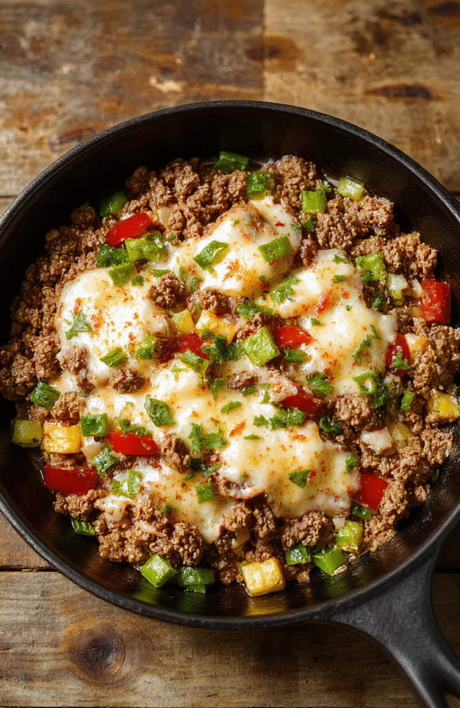 Golden-brown ground beef skillet with onions and bell peppers, simmered in tomato sauce, topped with melted cheese and chopped parsley; set in a rustic skillet on a wooden table with warm lighting, showcasing textures of beef, peppers, and creamy cheese.