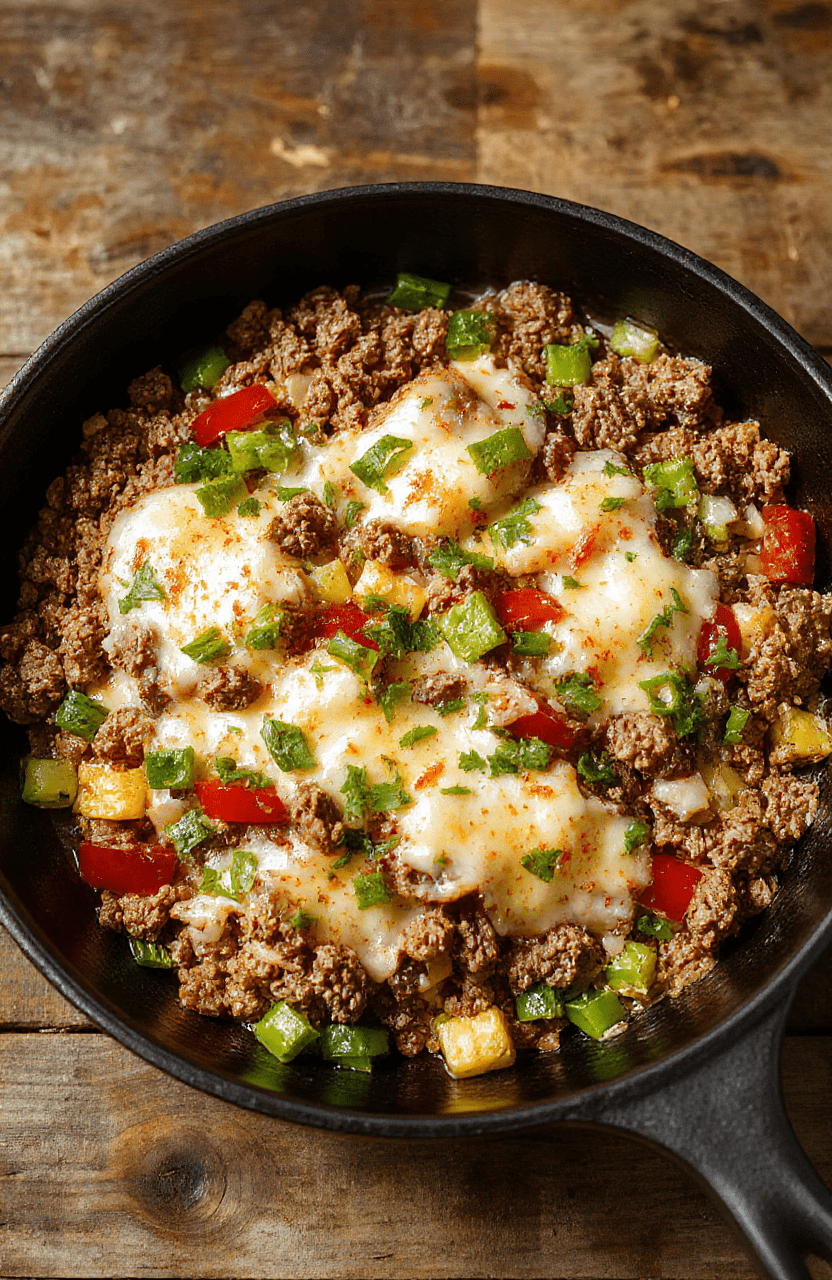 Golden-brown ground beef skillet with onions and bell peppers, simmered in tomato sauce, topped with melted cheese and chopped parsley; set in a rustic skillet on a wooden table with warm lighting, showcasing textures of beef, peppers, and creamy cheese.