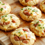 Golden brown savory ham and cheese cookies arranged on a slate platter with a sprig of parsley, flaky edges, melted cheese visible, bits of ham peeking through, light dusting of herbs, close-up shot with warm lighting.