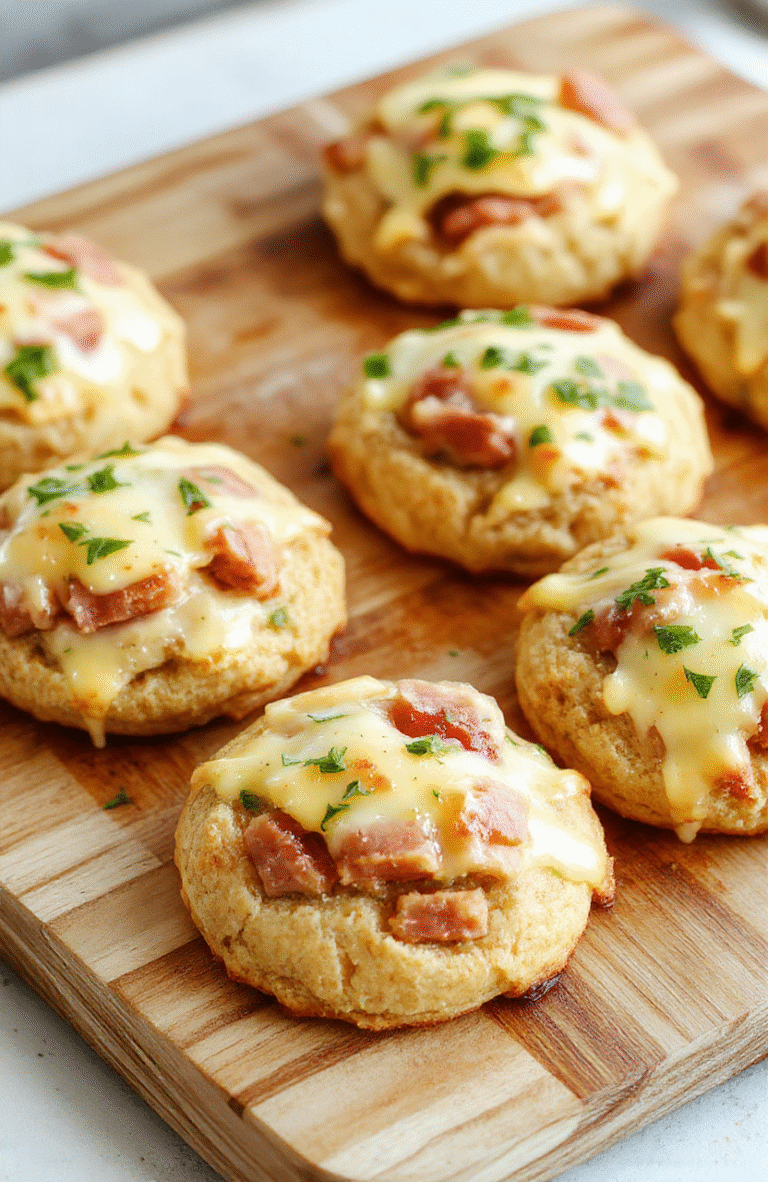 Golden brown savory ham and cheese cookies arranged on a slate platter with a sprig of parsley, flaky edges, melted cheese visible, bits of ham peeking through, light dusting of herbs, close-up shot with warm lighting.
