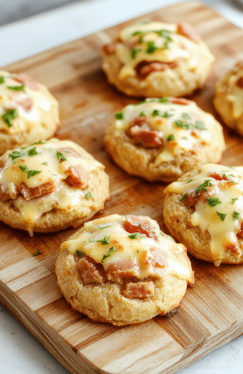 Golden brown savory ham and cheese cookies arranged on a slate platter with a sprig of parsley, flaky edges, melted cheese visible, bits of ham peeking through, light dusting of herbs, close-up shot with warm lighting.