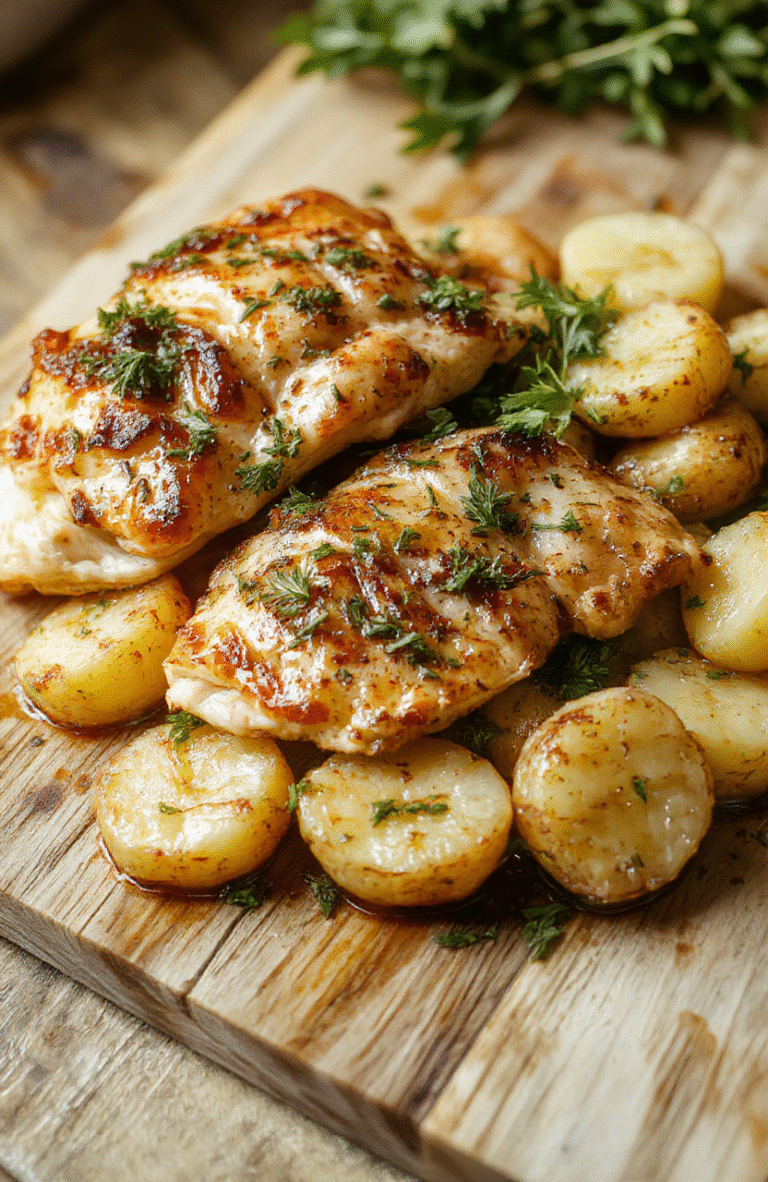 Golden roasted chicken and potatoes nestled in a rustic skillet, finished with fresh thyme and lemon zest. Crispy edges on the potatoes contrast with juicy, herb-scented chicken, all glistening with olive oil. A sprinkle of chopped parsley adds a pop of green against a warm, wooden table.