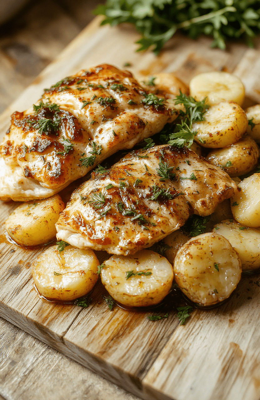 Golden roasted chicken and potatoes nestled in a rustic skillet, finished with fresh thyme and lemon zest. Crispy edges on the potatoes contrast with juicy, herb-scented chicken, all glistening with olive oil. A sprinkle of chopped parsley adds a pop of green against a warm, wooden table.