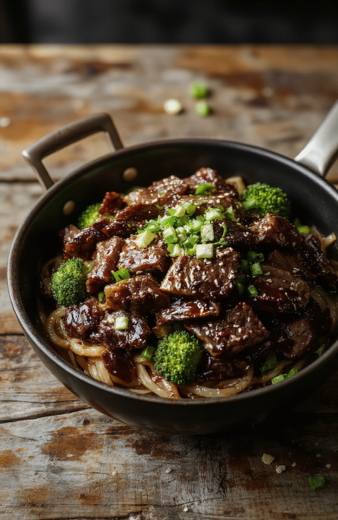 A glossy sizzling Mongolian beef over steaming wide egg noodles, broccoli florets, sesame seeds and scallions, all coated in a glossy soy-ginger glaze, plated on a dark slate with a sprinkle of sesame and a bright kitchen backdrop.