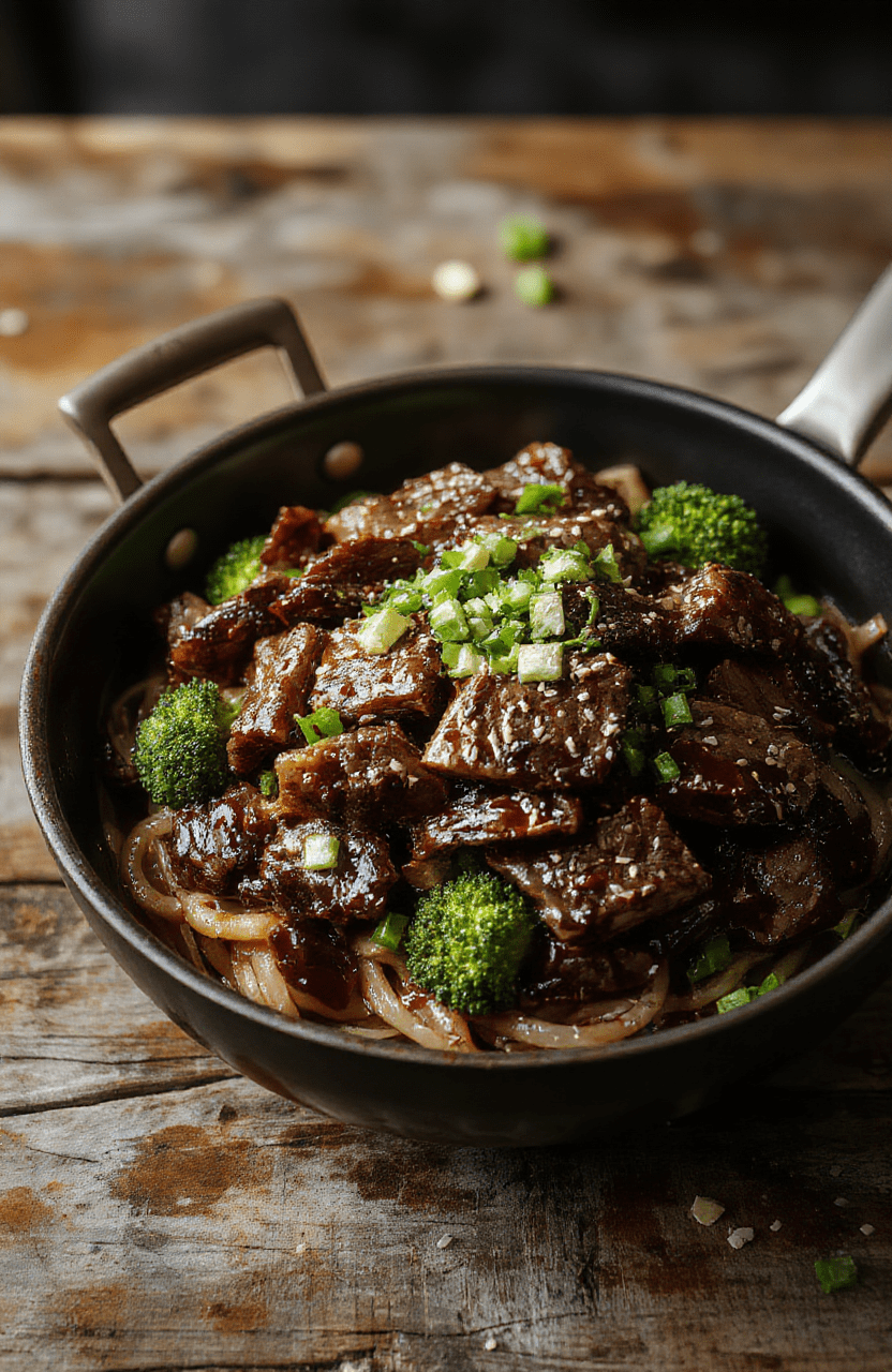 A glossy sizzling Mongolian beef over steaming wide egg noodles, broccoli florets, sesame seeds and scallions, all coated in a glossy soy-ginger glaze, plated on a dark slate with a sprinkle of sesame and a bright kitchen backdrop.