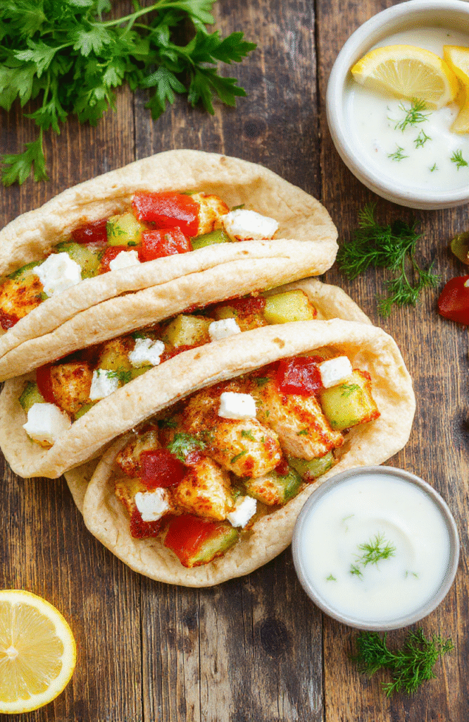 A close-up view of warm pita halves stuffed with tender slow-cooked Greek chicken, crumbled feta, diced cucumber and tomatoes, a dollop of tzatziki, and lemon wedges, arranged on a rustic wooden board with fresh herbs.