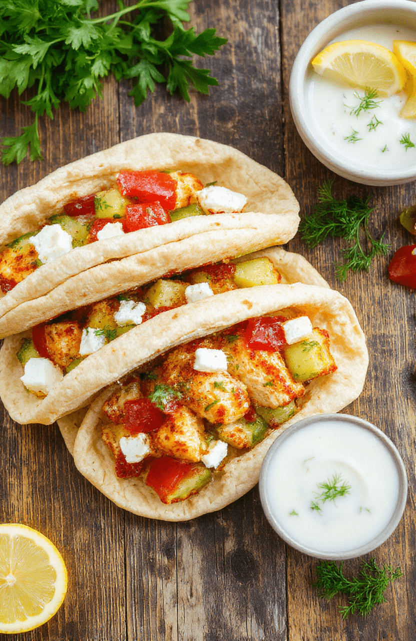 A close-up view of warm pita halves stuffed with tender slow-cooked Greek chicken, crumbled feta, diced cucumber and tomatoes, a dollop of tzatziki, and lemon wedges, arranged on a rustic wooden board with fresh herbs.