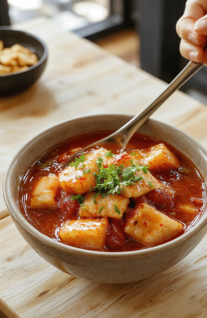 A glossy red gochujang sauce coats chewy white tteok rice cakes in a white bowl, topped with sliced fish cakes, scallions, and sesame seeds. The dish rests on a dark wooden surface with warm lighting, a hint of steam, and a clean, minimal garnish that highlights color and texture.