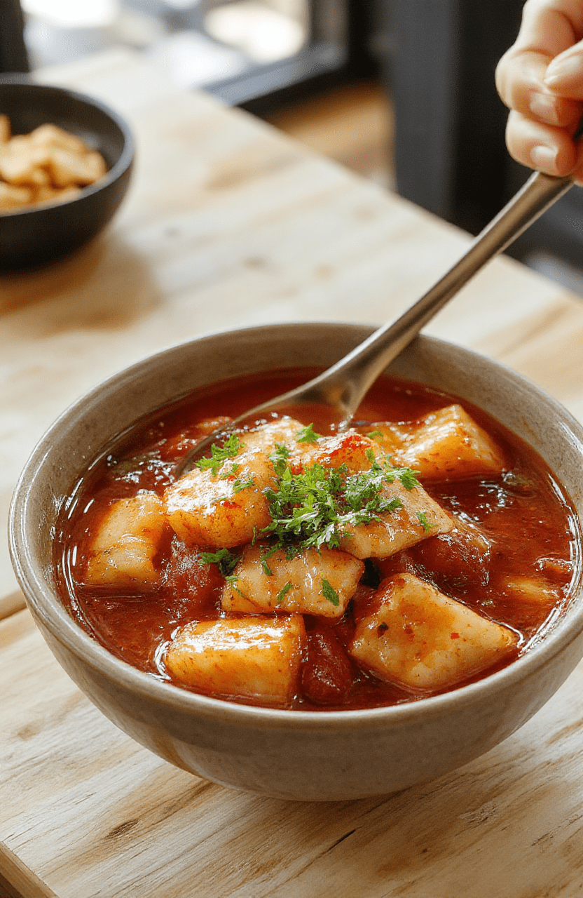 A glossy red gochujang sauce coats chewy white tteok rice cakes in a white bowl, topped with sliced fish cakes, scallions, and sesame seeds. The dish rests on a dark wooden surface with warm lighting, a hint of steam, and a clean, minimal garnish that highlights color and texture.