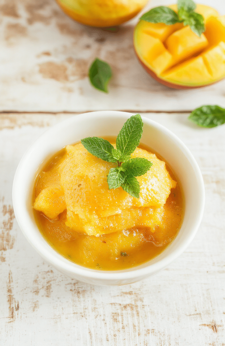 A bright bowl of mango sorbet with vibrant orange color sits in a white bowl on a pale marble surface, garnished with a small mint leaf and mango slices. The texture looks smooth and scoopable with a glossy sheen.