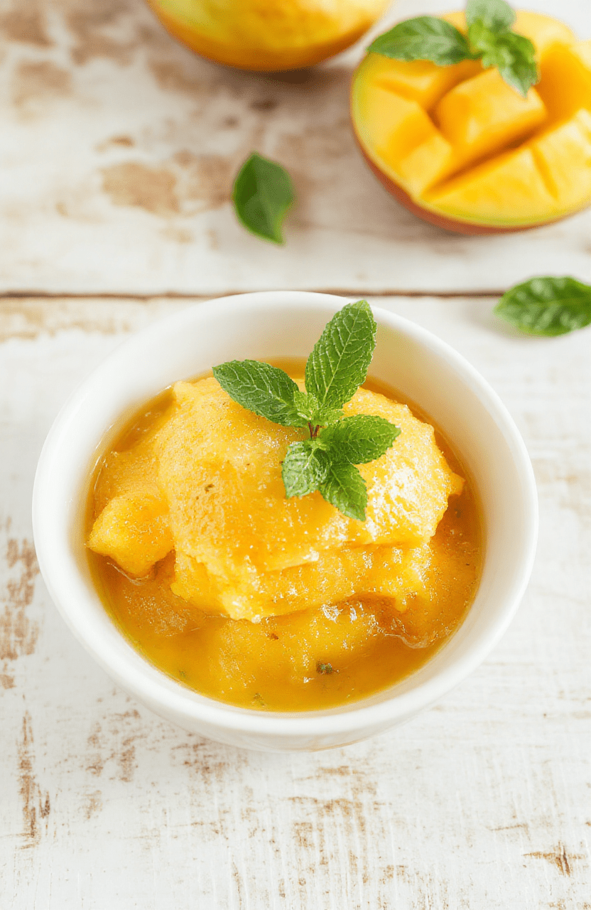 A bright bowl of mango sorbet with vibrant orange color sits in a white bowl on a pale marble surface, garnished with a small mint leaf and mango slices. The texture looks smooth and scoopable with a glossy sheen.